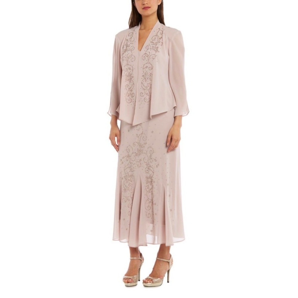 R&M Richards 2 Piece Formal Dress Beaded Maxi Dress with Matching Jacket Pink